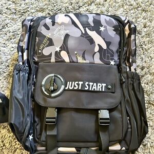 Black and Gray Tactical Backpack with Just Start Logo